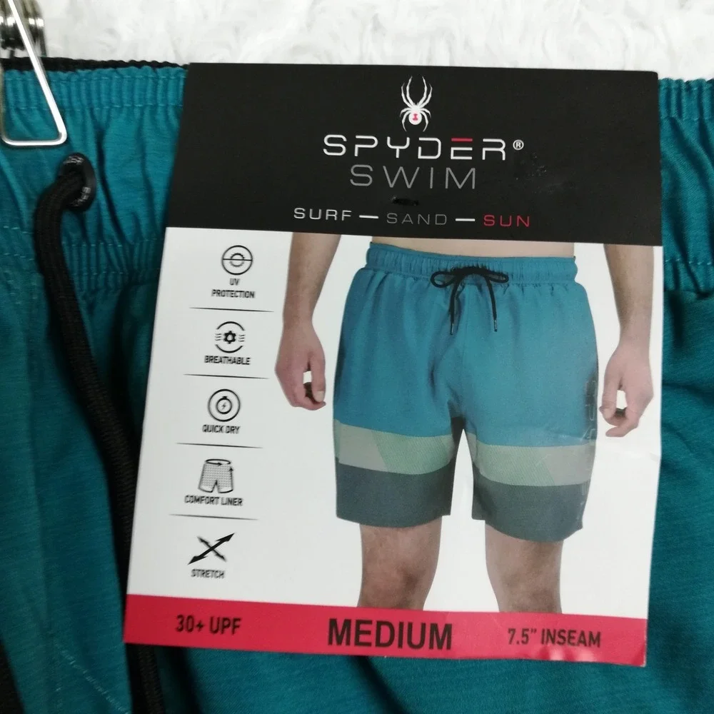 Spyder Swim Mens Trunks Shorts‎ 30+ UPF Teal Colorblock Surf Comfort Liner M New